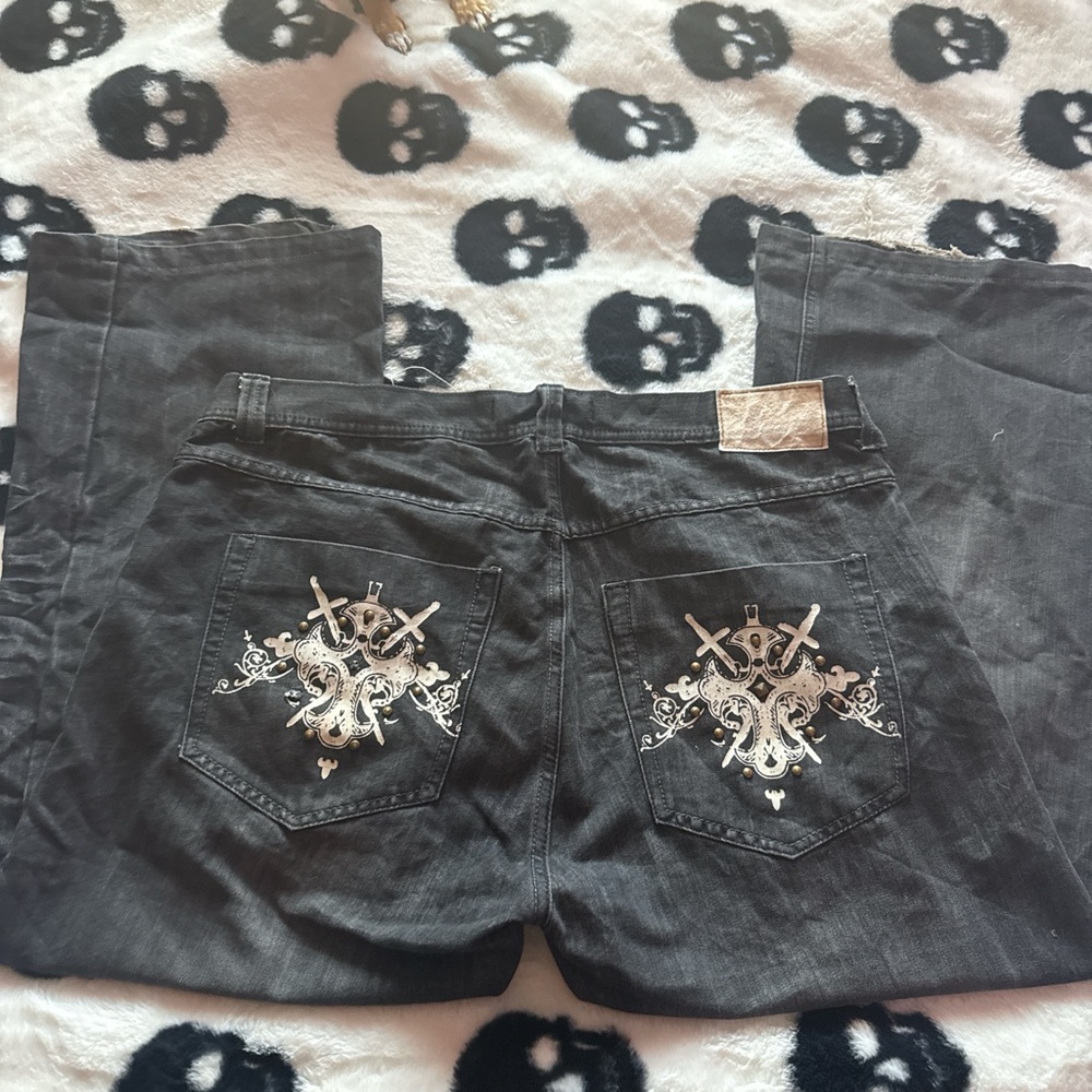 Black Grunge stud detail baggy jeans with Embroidered Pockets